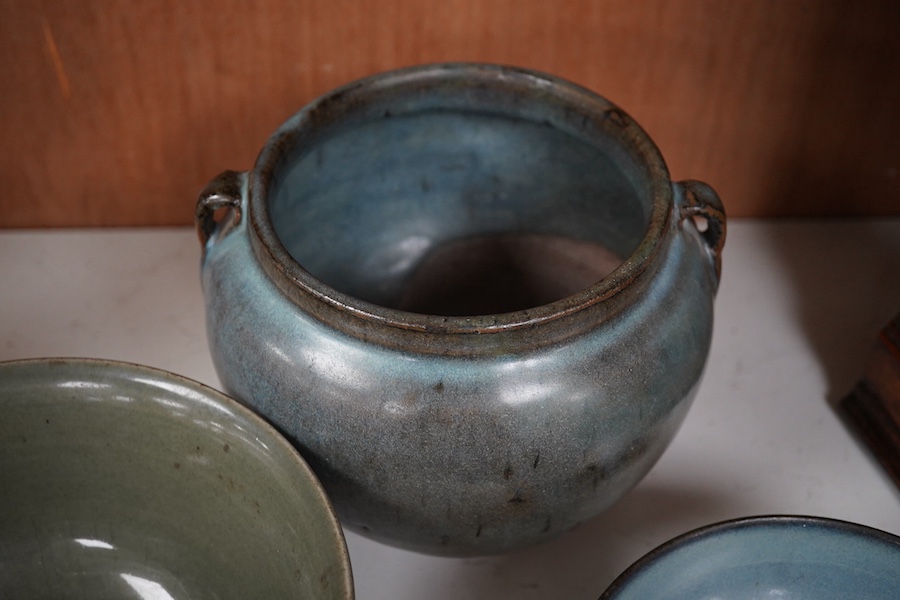 A Chinese Jun type bowl, similar two handled vase and a spinach green glazed bowl, vase 13.5cm high. Condition - all have glazing faults